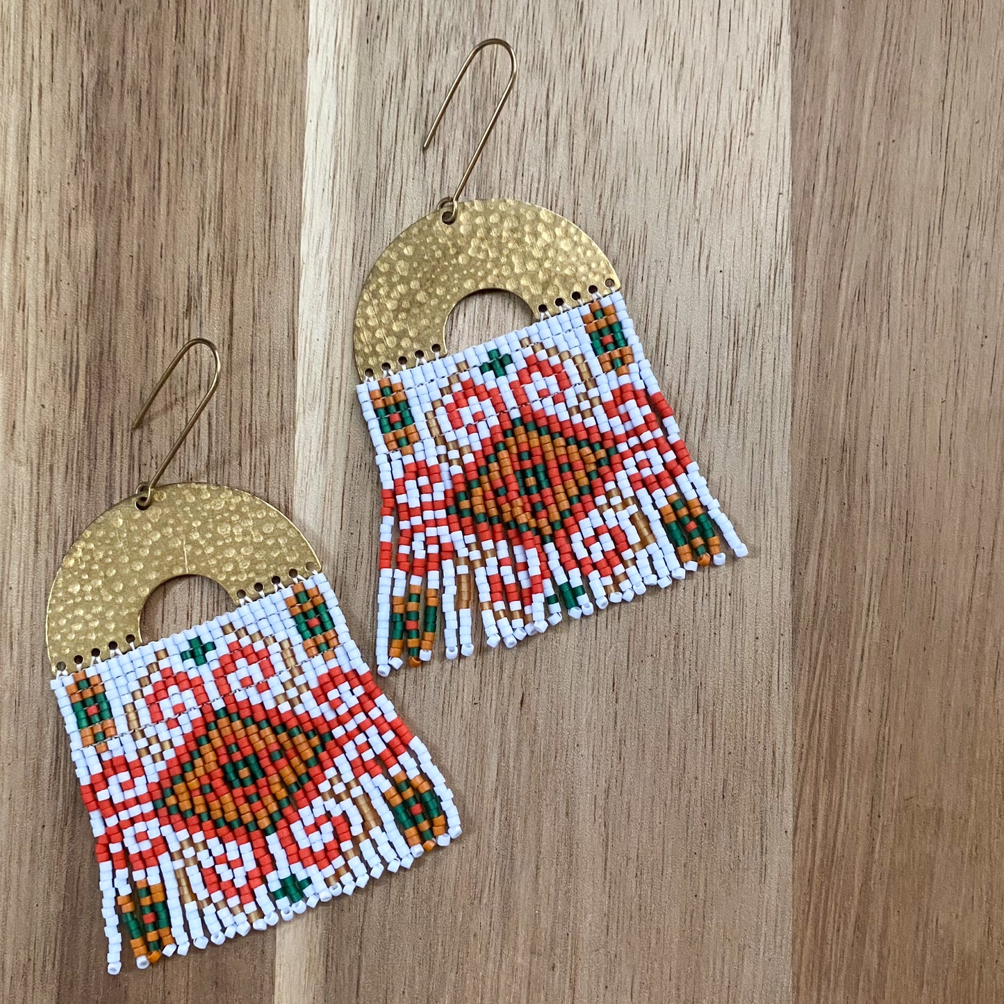 Mosaic Folkart Beaded Brass Earrings in Baby Blue