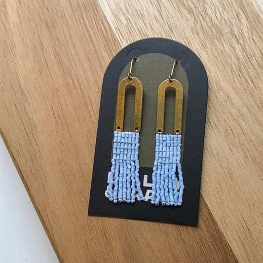Simple Beaded Brass Arch Earrings in Baby Blue