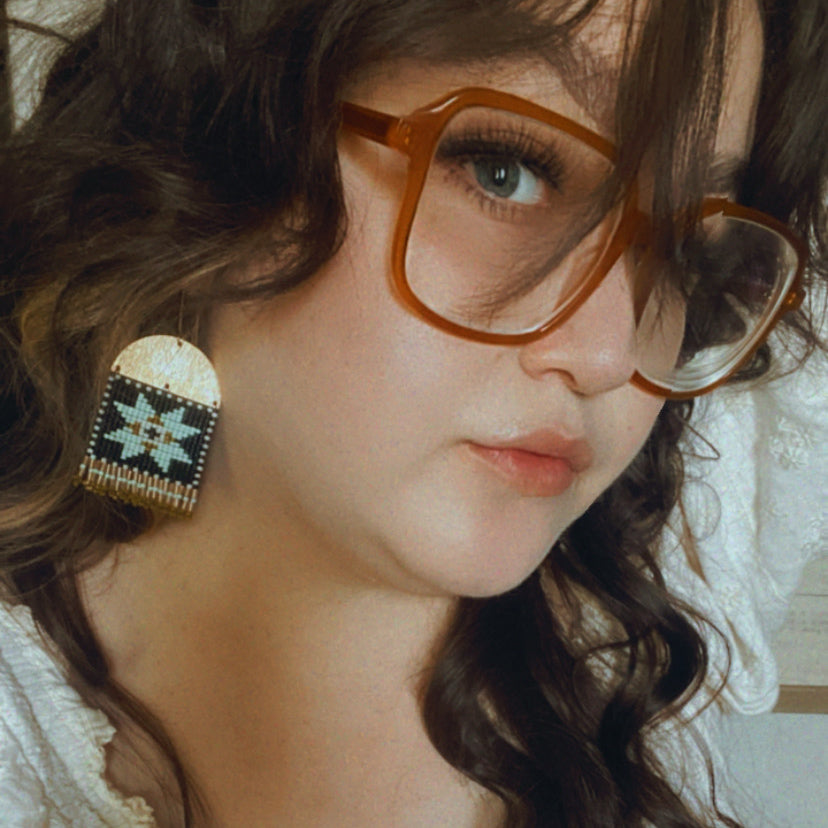 Mini Sawtooth Tapestry Brass Earrings in Moss