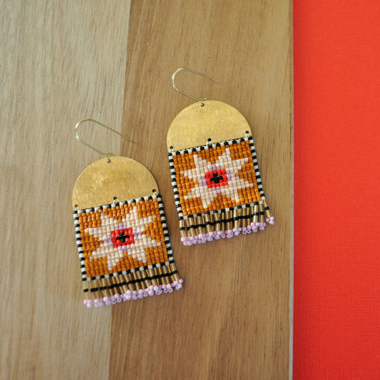 Mini Sawtooth Tapestry Brass Earrings in Pumpkin