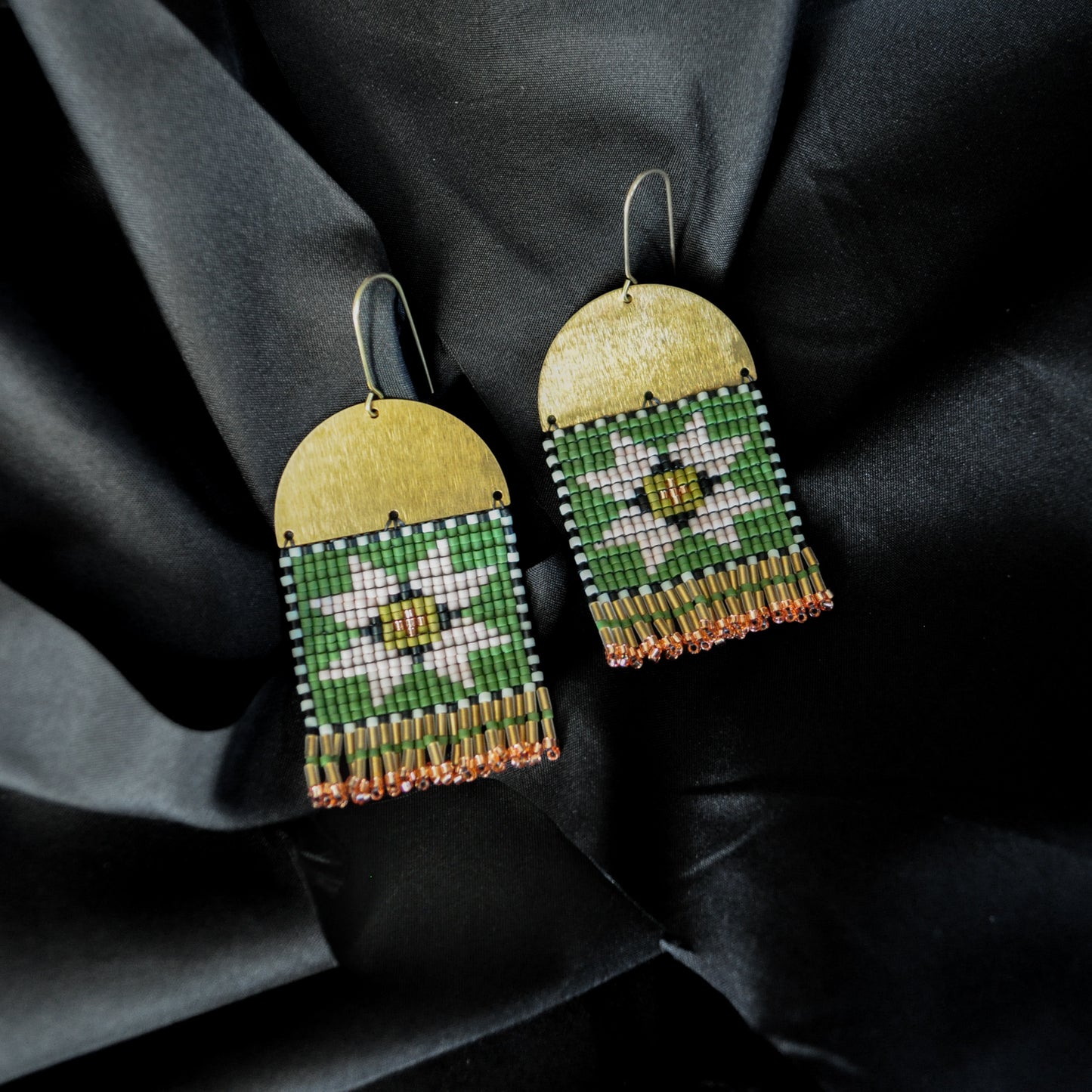 Mini Sawtooth Tapestry Brass Earrings in Moss