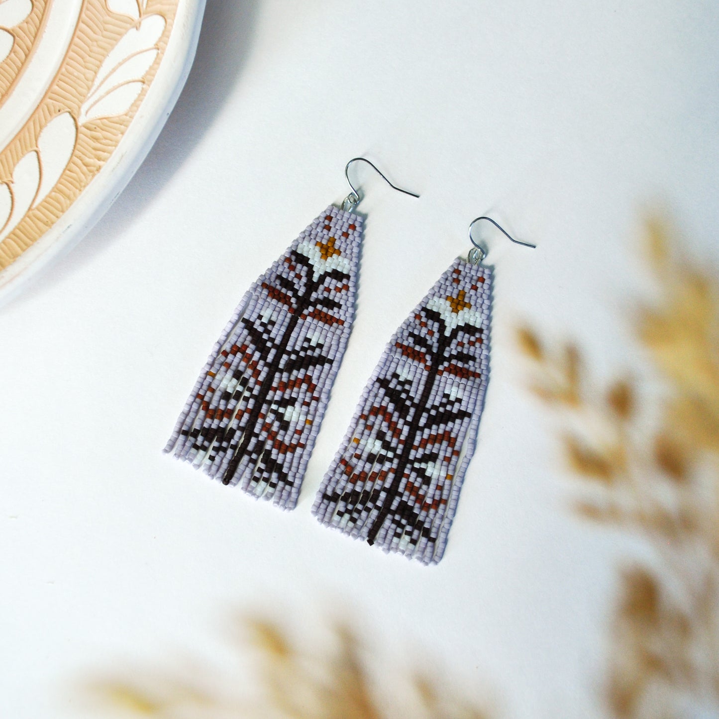 Mirrored Folk Floral Beaded Earrings in Lilac